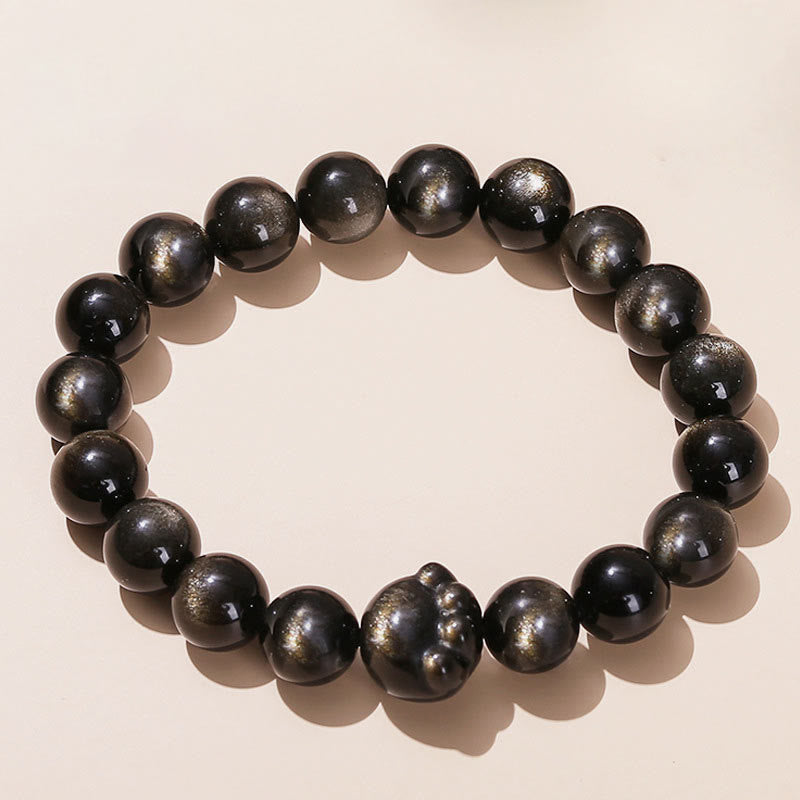 Bracelet de richesse en Buddha Stones naturelle et brillante en obsidienne argentée avec griffes de chat mignon - Obsidienne à reflets dorés - 10 mm - image 1