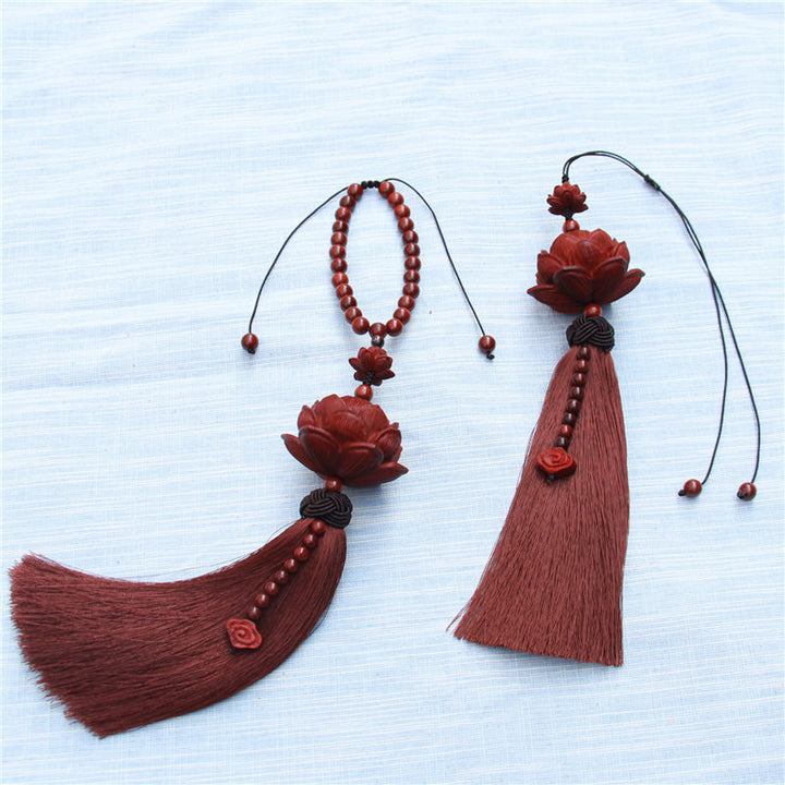 Buddha Stones tibétaines à petites feuilles en bois de santal rouge, lotus, protection de la chance, décoration à pompon - image 6