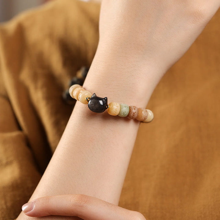 Bracelet d'harmonie gravé en obsidienne argentée Buddha Stones de Bodhi et pierres de Bouddha Tête de chat Om Mani Padme Hum - image 3