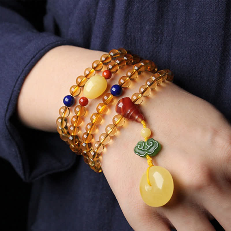 Bracelet à breloques de protection PiXiu en agate rouge avec boucle de paix en ambre et citrine naturelle de 108 perles de Mala - image 2