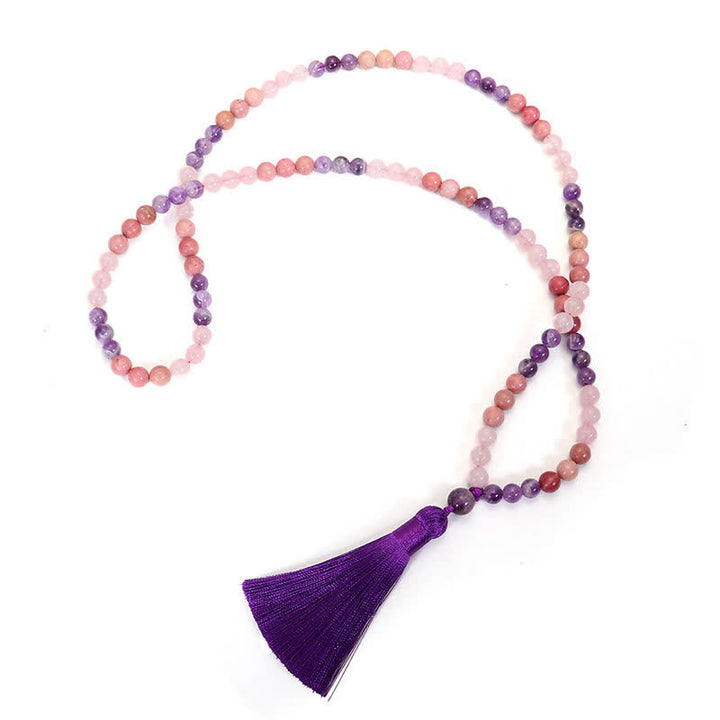 Bracelet de guérison spirituelle à pampilles en améthyste et quartz rose avec 108 perles de Mala Buddha Stones