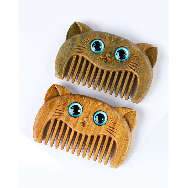 Peigne portable à motif de chat simple en bois de santal vert - image 6