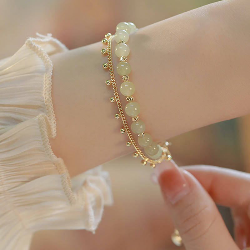 Bracelet de prospérité porte-bonheur en perles de jade Hetian plaqué or 14 carats à 2 couches