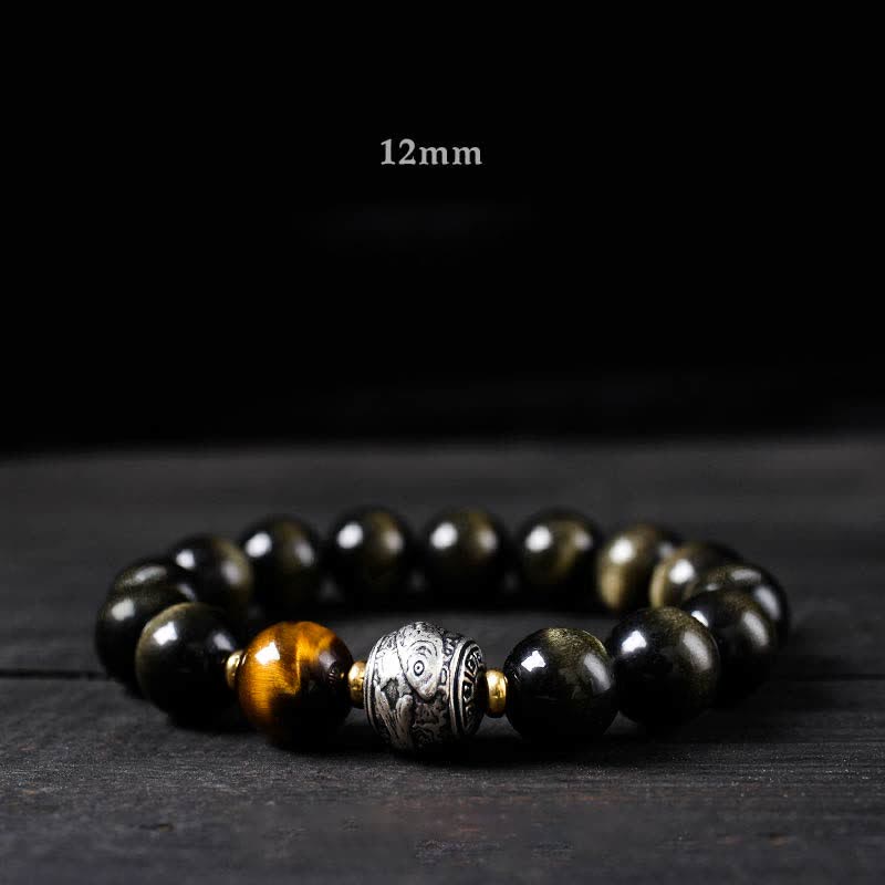 Buddha Stones pour vivre un renversement de fortune Bracelet de protection en obsidienne arc-en-ciel et or brillant