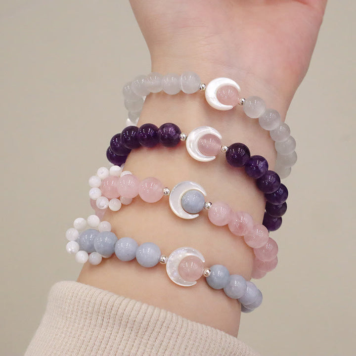 Buddha Stones de guérison en forme de croissant de lune en argent sterling 925 avec améthyste naturelle et aigue-marine en cristal rose œil de chat