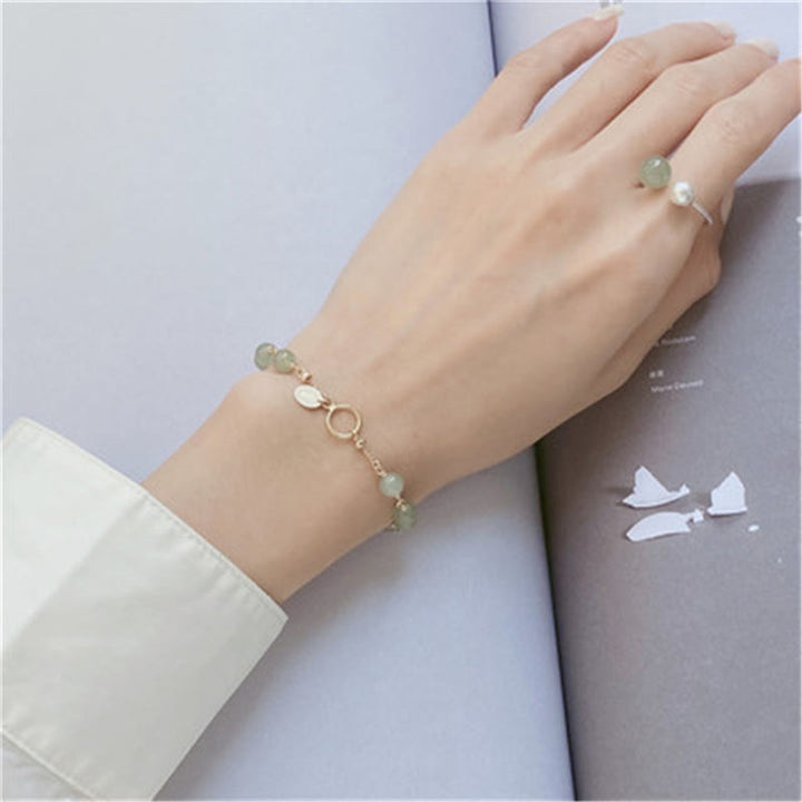 Bracelet chaîne de prospérité en perles de jade Hetian plaqué or 14 carats