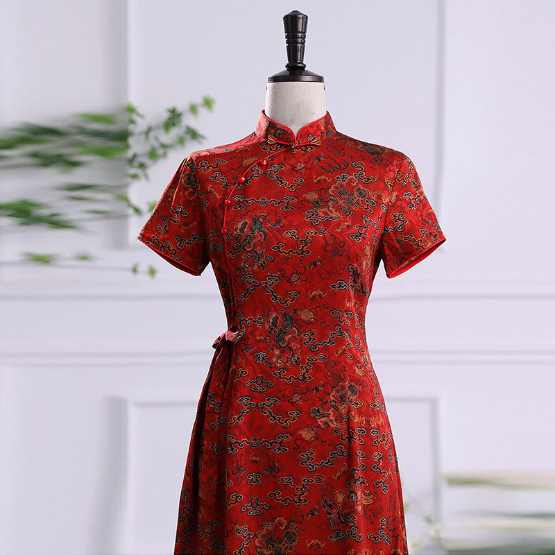 Robe Qipao pour femme avec imprimé feuilles et nuages ​​de bon augure vintage et Buddha Stones - image 8