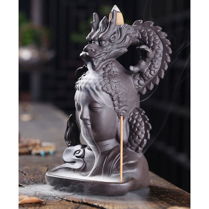 Buddha Stones Dragon Bouddha Nuages de bon augure Brûleur d'encens de guérison en argile violette Décoration