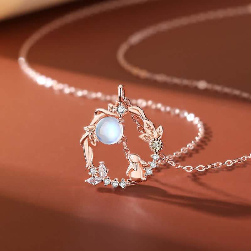 Collier pendentif bracelet boucles d'oreilles en argent sterling 925 avec motif fleur de lune et pierre de lune Année du lapin - Collier - Or rose - image 1