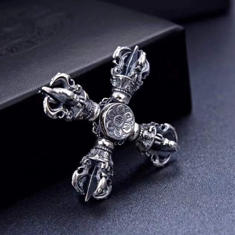 Pendentif de puissance spirituelle gravé double Dorje Vajra en argent sterling 925 tibétain Buddha Stones - image 1