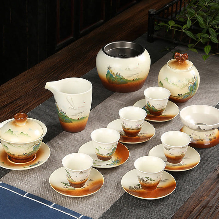 Buddha Stones Paysage de montagne Campagne Céramique Gaiwan Sancai Tasse à thé Kung Fu Tasse à thé et soucoupe avec couvercle