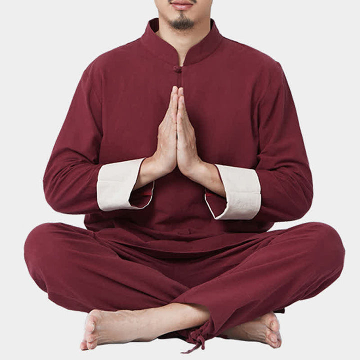 Ensemble de vêtements en coton et lin pour homme Buddha Stones, méditation spirituelle, zen, yoga, prière - Rouge vin - US/UK/AU44，EU54 (3XL) - image 0