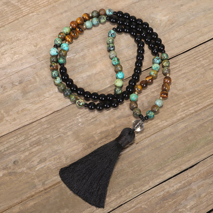 Collier Bracelet Mala 108 Perles Pierre Naturelle Oeil de Tigre Turquoise Protection Force Buddha Stones