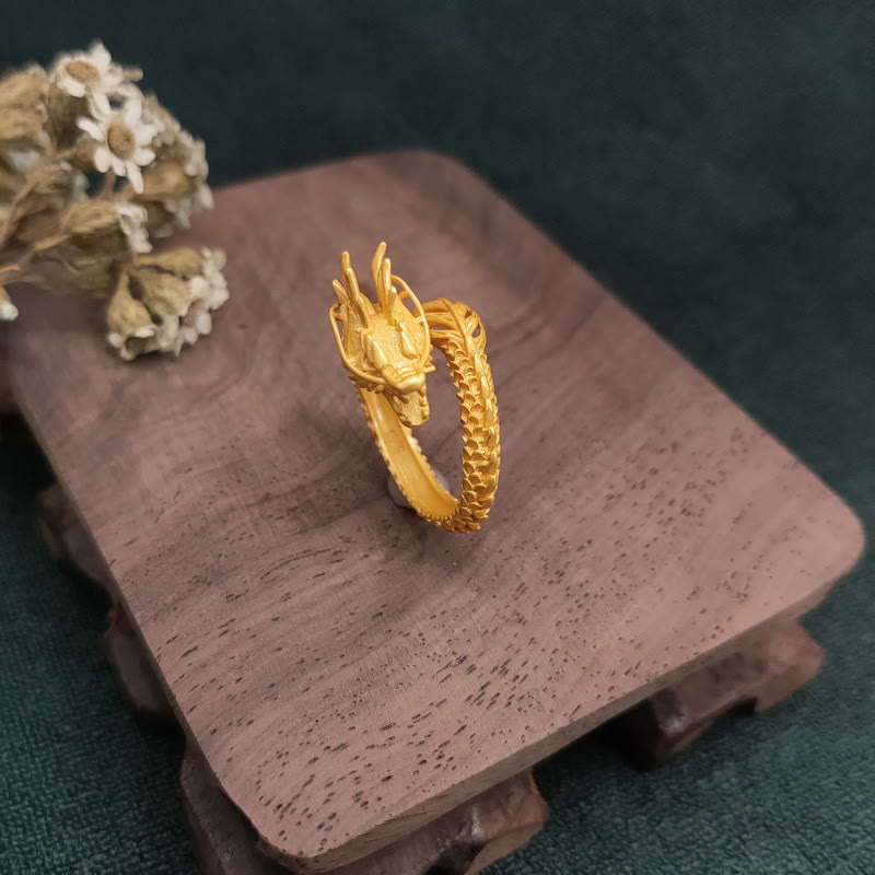 Bague de force et de succès en Buddha Stones avec dragon doré