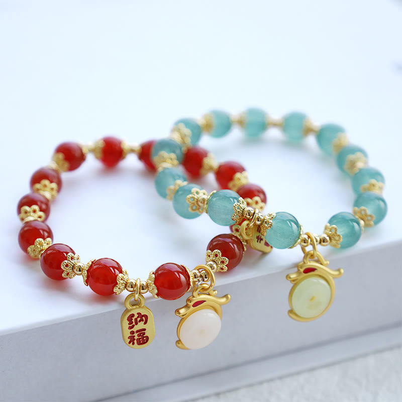 Bracelet porte-bonheur avec boucle de paix et personnage Fu en agate rouge et aventurine verte de l'année du Buddha Stones