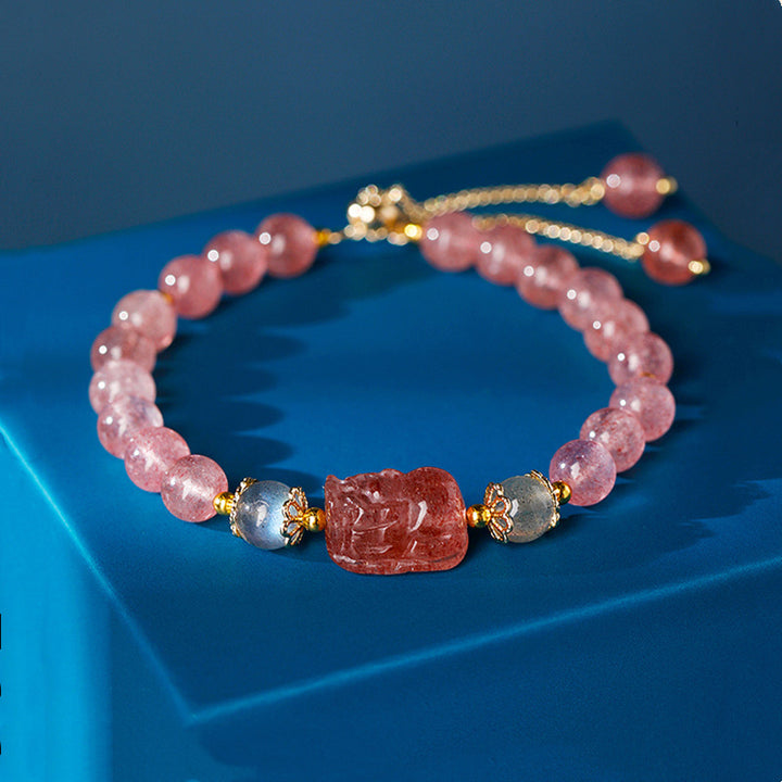 Bracelet de guérison PiXiu en aigue- Buddha Stones, quartz fraise, améthyste et pierre de lune