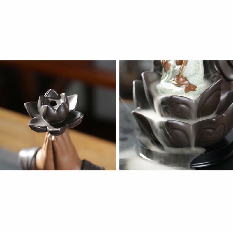 Brûleur d'encens à reflux en céramique Bouddha Avalokitesvara Chenrezig Ksitigarbha avec bénédiction du lotus