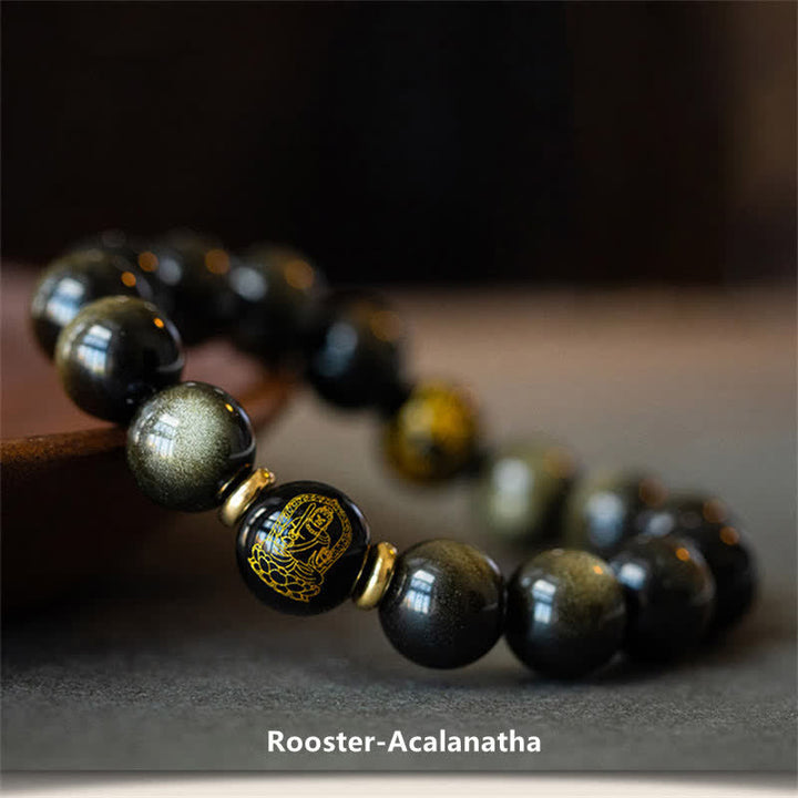 Bracelet de protection de richesse en obsidienne dorée avec Bouddha du zodiaque chinois