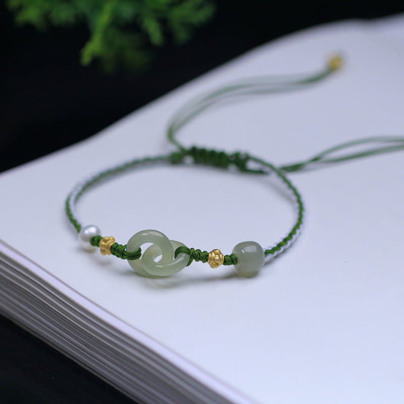 Bracelet tressé porte-bonheur en argent sterling 925 avec double boucle de paix et jade Hetian de Buddha Stones