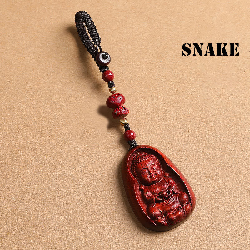 Porte-clés de protection en Buddha Stones en bois de santal rouge à petites feuilles, amulette du zodiaque chinois en cinabre