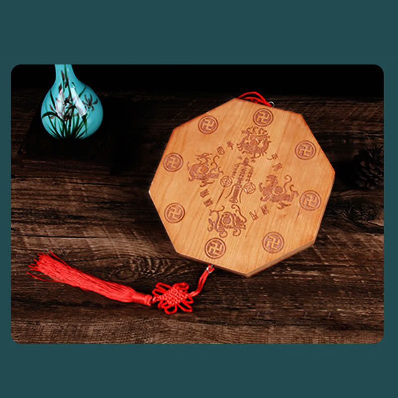Carte Feng Shui Bagua Pièces de monnaie des cinq empereurs en bois de pêche Nœud chinois Carte énergétique d'équilibre Miroir