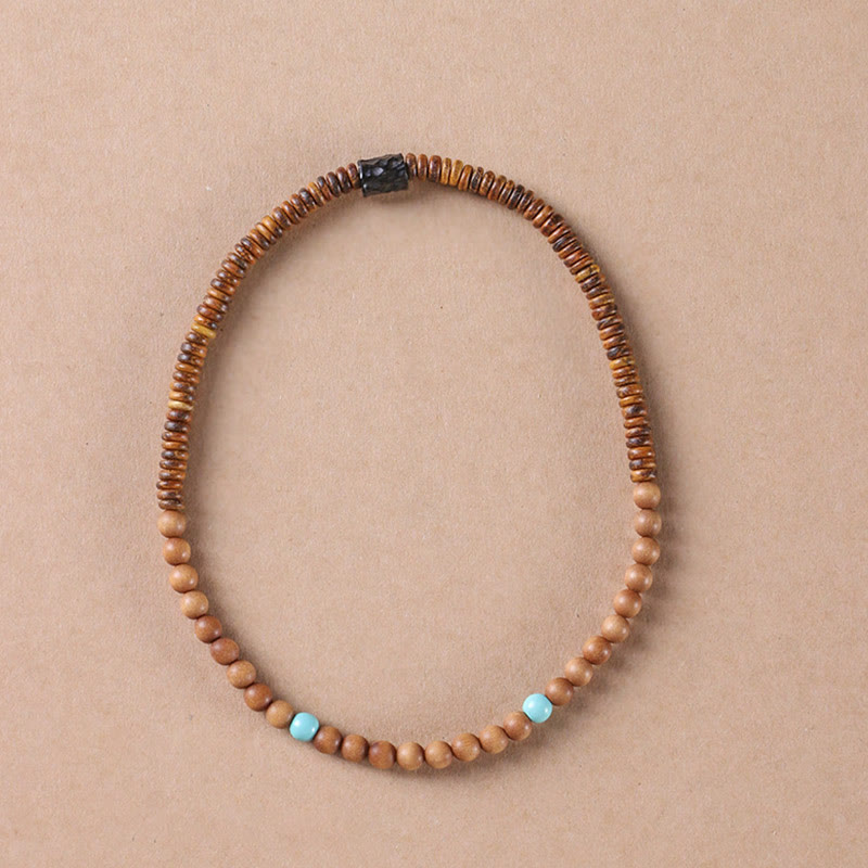 Bracelet double tour en bois de santal et turquoise, petites feuilles, Buddha Stones