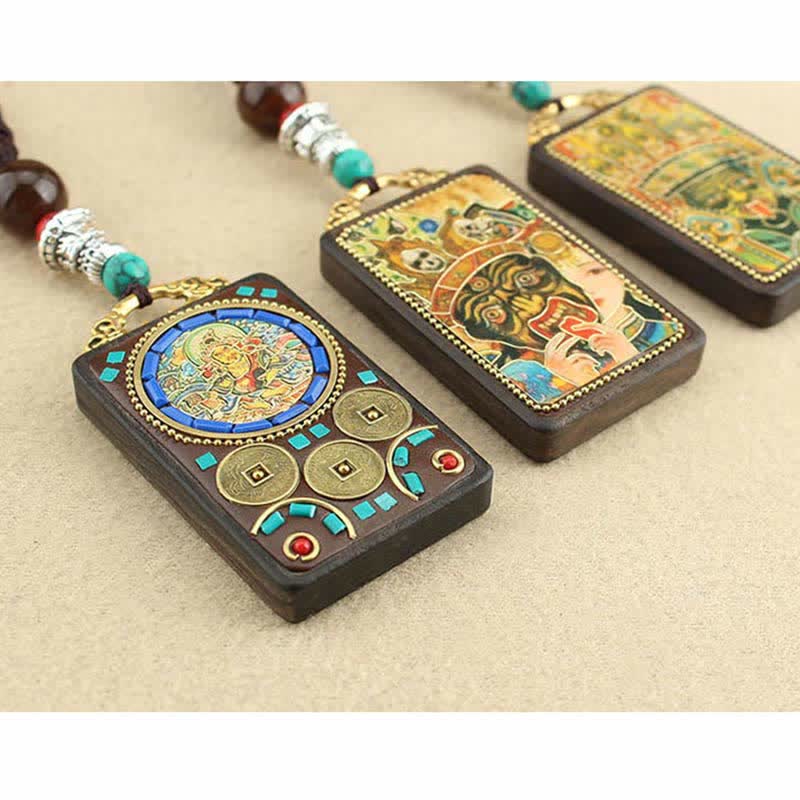 Collier pendentif en ébène Thangka Buddha Stones Tibet Dieu de la richesse