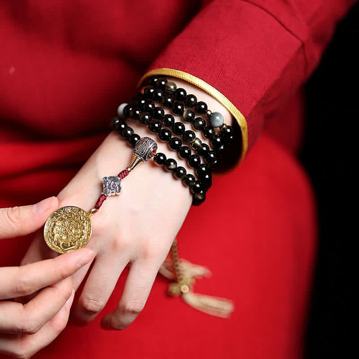 Bracelet de richesse en pierre d'oeil de tigre et d'aigle avec 108 Buddha Stones de Mala en obsidienne dorée brillante