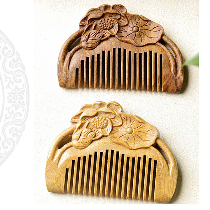 Peigne apaisant gravé en feuille de lotus et fleur de santal vert naturel - image 8