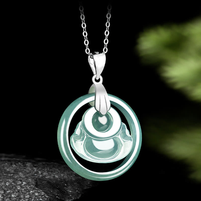 Collier pendentif rond en jade naturel représentant un Bouddha Buddha Stones, symbole d'abondance, avec chaîne en acier titane et pierres de Bouddha. - image 4