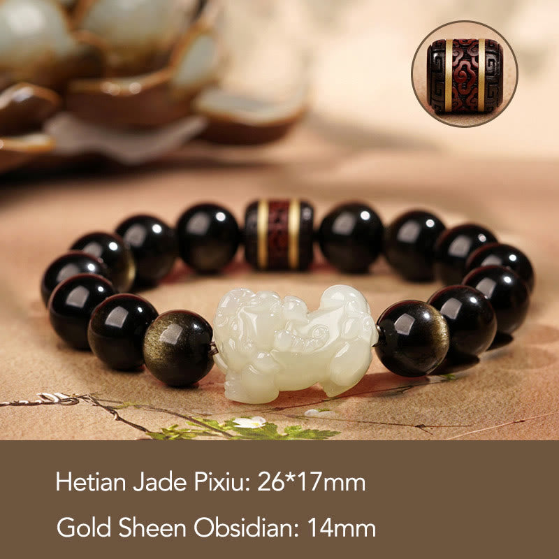 Bracelet de richesse PiXiu en jade cyan Hetian en obsidienne naturelle et dorée avec Buddha Stones