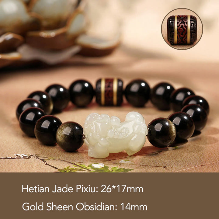 Bracelet de richesse PiXiu en jade cyan Hetian en obsidienne naturelle et dorée avec Buddha Stones