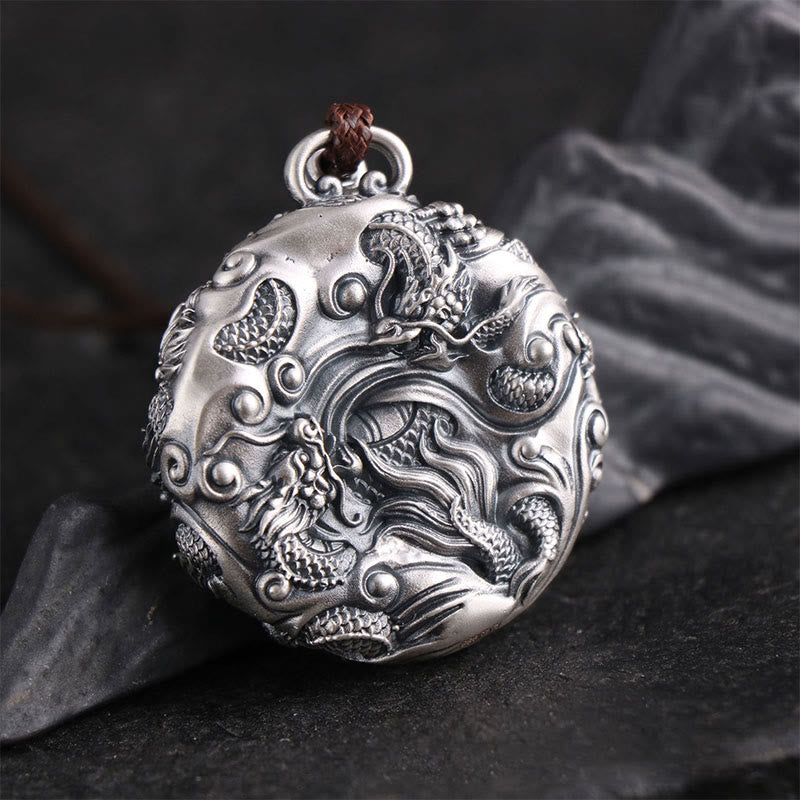 Collier de protection Buddha Stones en argent 999 Neuf dragons jouant avec une perle Pendentif de protection de la chance