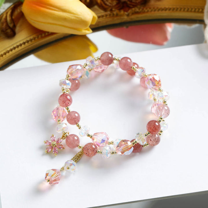 Bracelet double tour de guérison en quartz fraise et zircon en forme de fleur de Buddha Stones