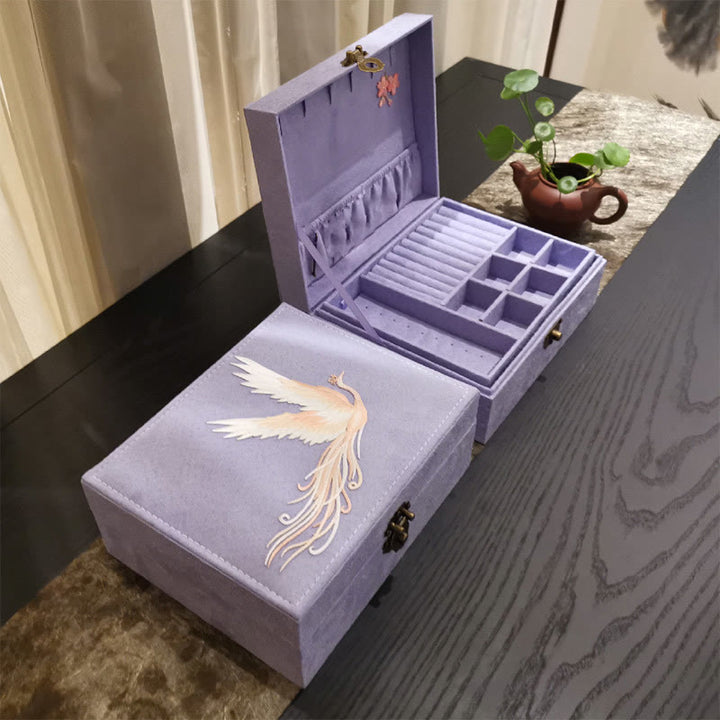 Boîte à bijoux en flanelle à deux niveaux avec Buddha Stones et phénix violet