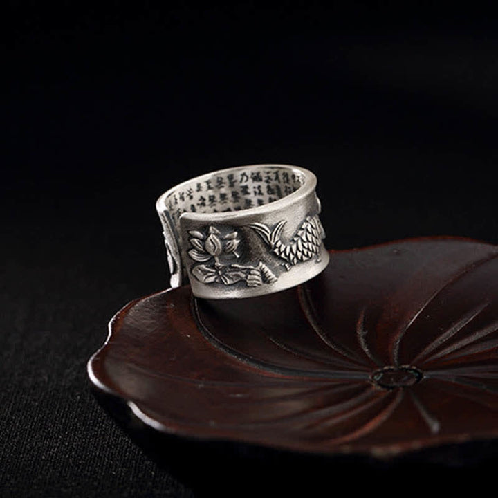 Bague porte-bonheur en argent sterling 999 Buddha Stones et poisson Koi, lotus, cœur, Sutra de la richesse
