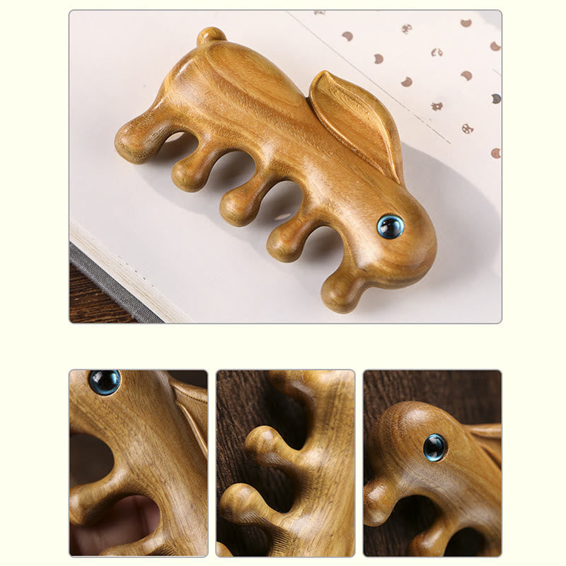 Peigne de massage relaxant en forme de lapin en bois de santal rouge et vert à petites feuilles