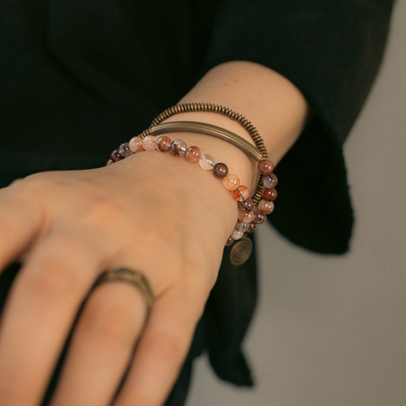 Bracelet en cuivre Love Forgive Buddha Stones quartz hématoïde rouge fantôme violet et quartz rutile vert