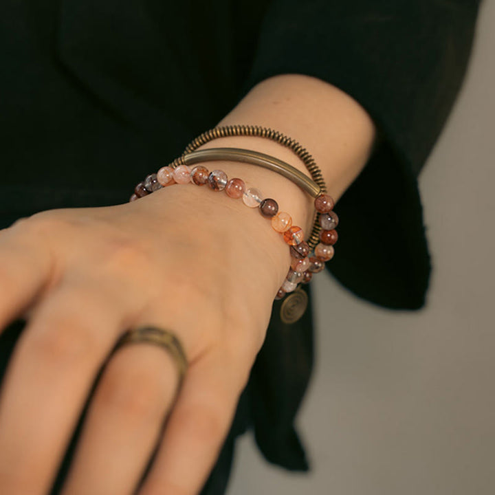 Bracelet en cuivre Love Forgive Buddha Stones quartz hématoïde rouge fantôme violet et quartz rutile vert