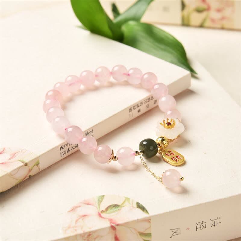 Bracelet d'amour chaleureux en cristal rose naturel avec fleur de jade et Buddha Stones