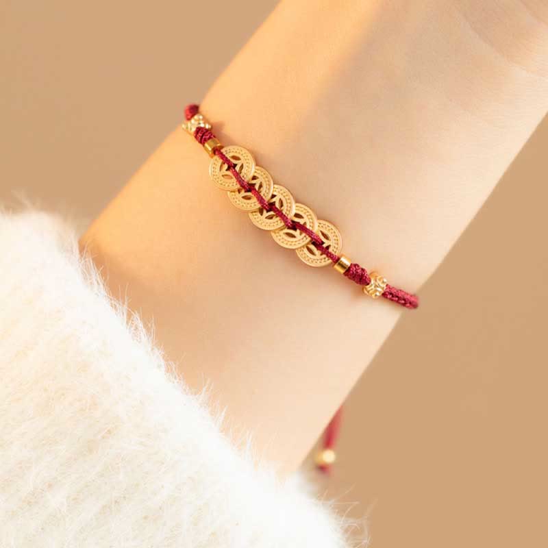 Bracelet tressé en cuivre avec Buddha Stones et pièce de monnaie, arbre de la fortune, chance et force