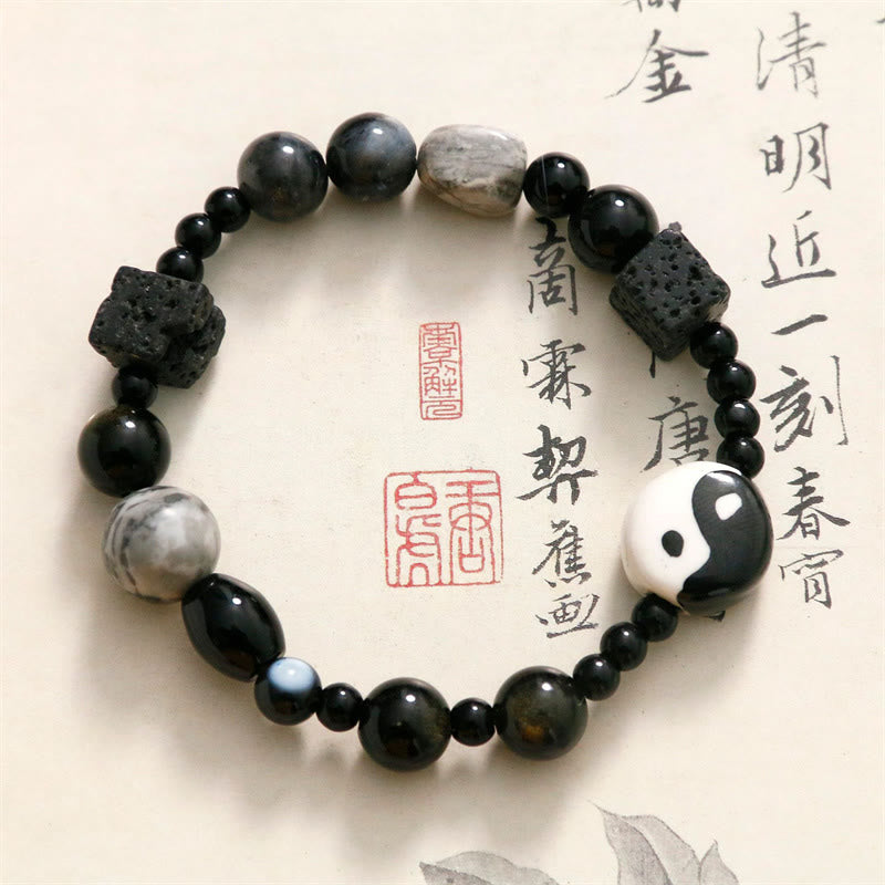 Bracelet de protection de la fortune Yin Yang en perles de jaspe Picasso et onyx noir Buddha Stones