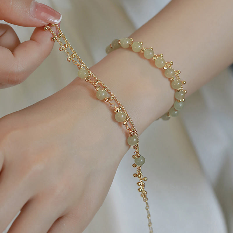 Bracelet de prospérité porte-bonheur en perles de jade Hetian plaqué or 14 carats à 2 couches