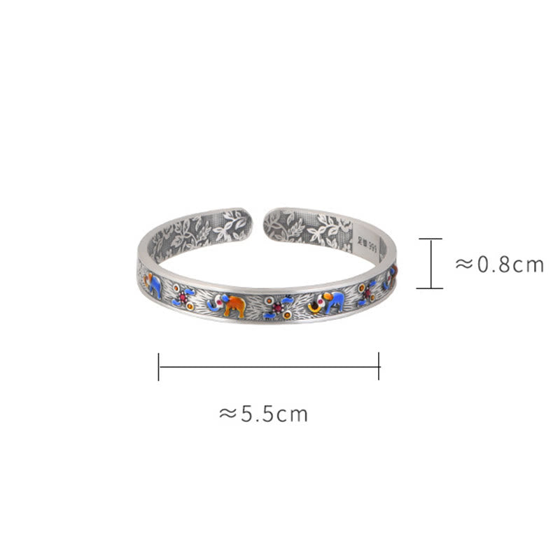 Bracelet manchette en argent sterling 999 avec Buddha Stones et éléphant
