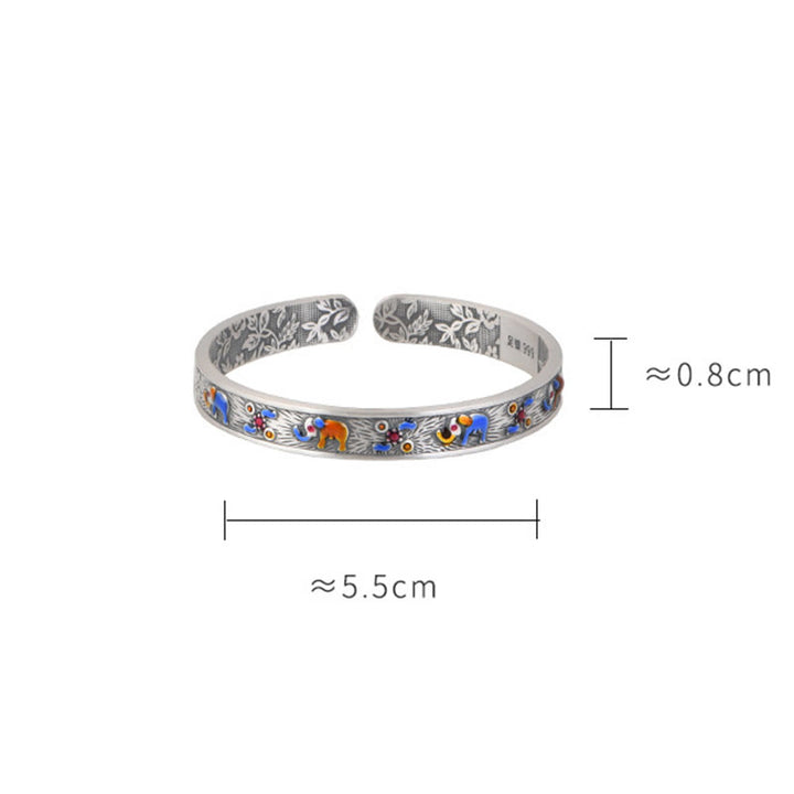 Bracelet manchette en argent sterling 999 avec Buddha Stones et éléphant