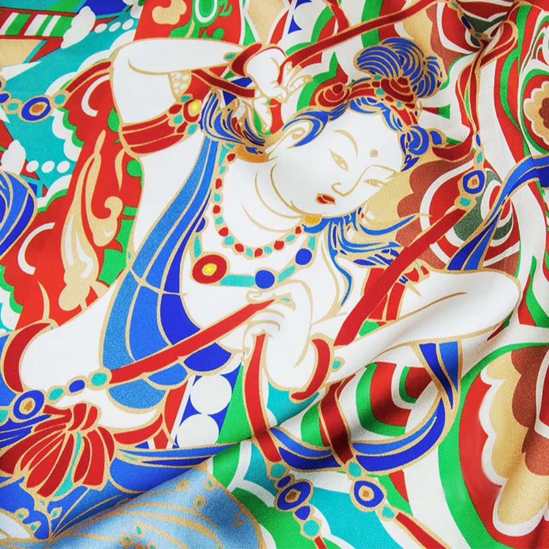 Écharpe en soie de mûrier 100 % Buddha Stones et musiciens de Dunhuang jouant des fresques Châle en soie Dunhuang de qualité supérieure 6A