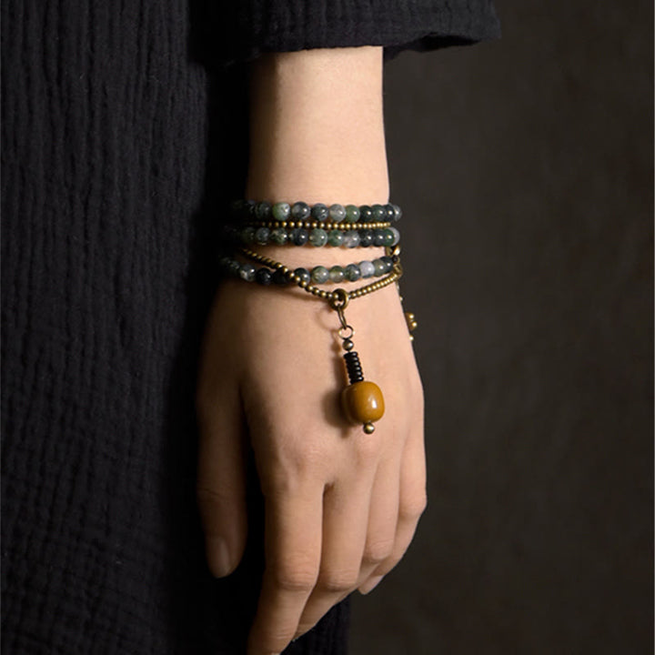 Bracelet porte-bonheur multicouche en cuivre et agate mousse avec Buddha Stones