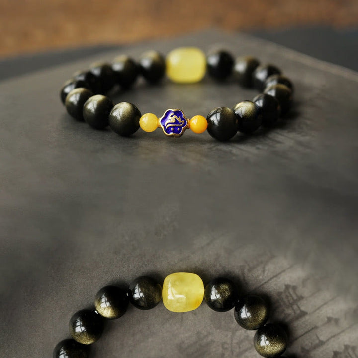 Bracelet de protection de richesse en obsidienne et ambre en argent sterling 925 avec Buddha Stones et zodiaque chinois