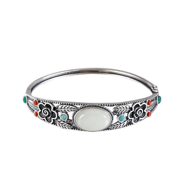 Bracelet jonc porte-bonheur en Buddha Stones, jade cyan, jade blanc, fleur, feuille