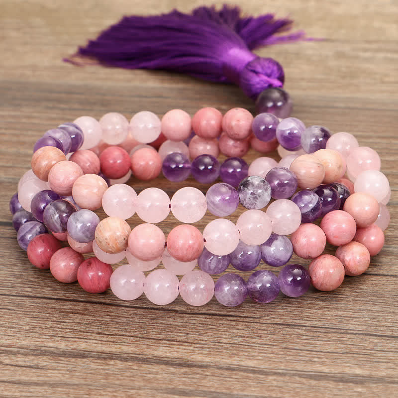 Bracelet de guérison spirituelle à pampilles en améthyste et quartz rose avec 108 perles de Mala Buddha Stones